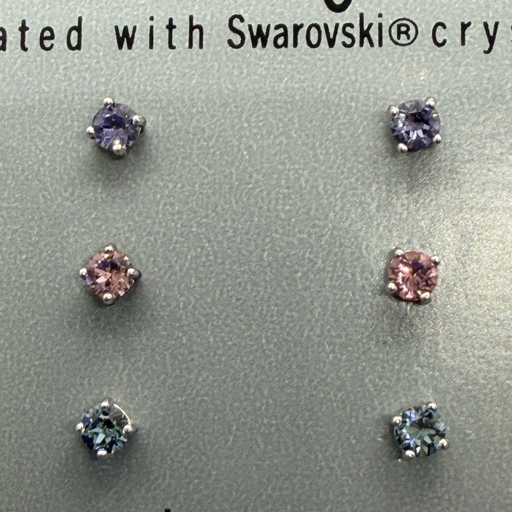 Sterling Silver Swarovski Crystal Stud Earrings Set 3 Pair Pastel Colors NWT